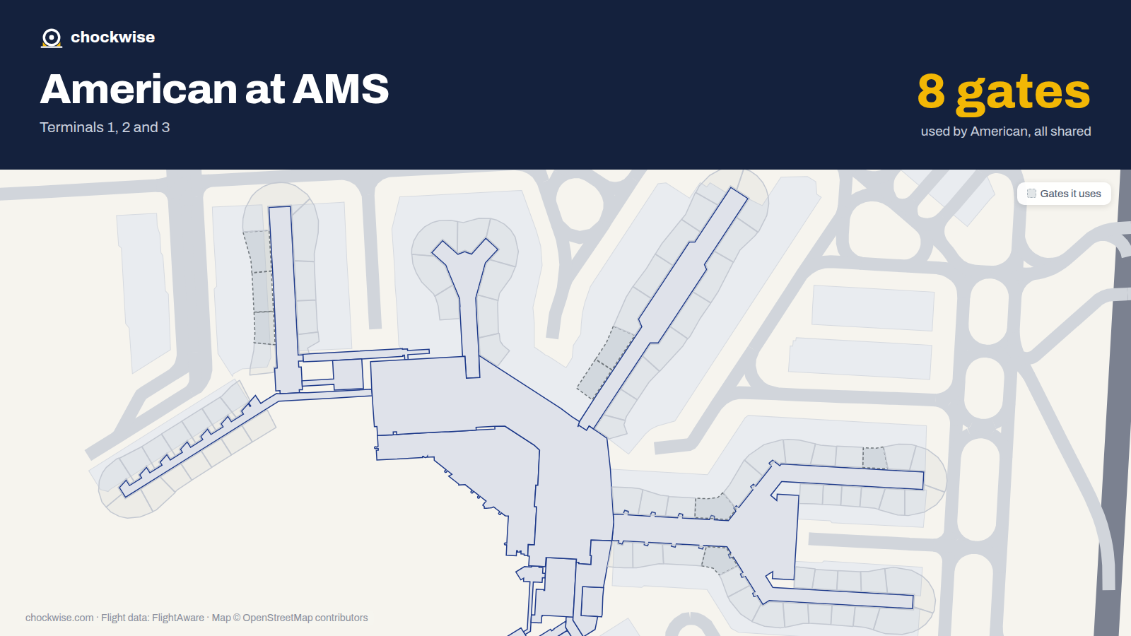 Map of AMS with the gates American Airlines uses highlighted: E3, G3, E5, G5, D7, G7, D10 and D53.