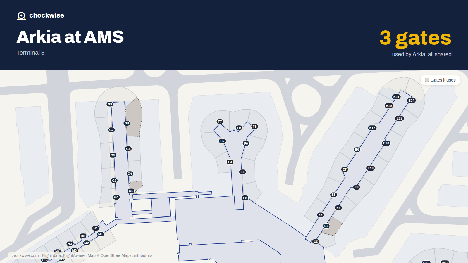 Map of AMS with the gates Arkia Israeli Airlines uses highlighted: G2, E4 and G8.