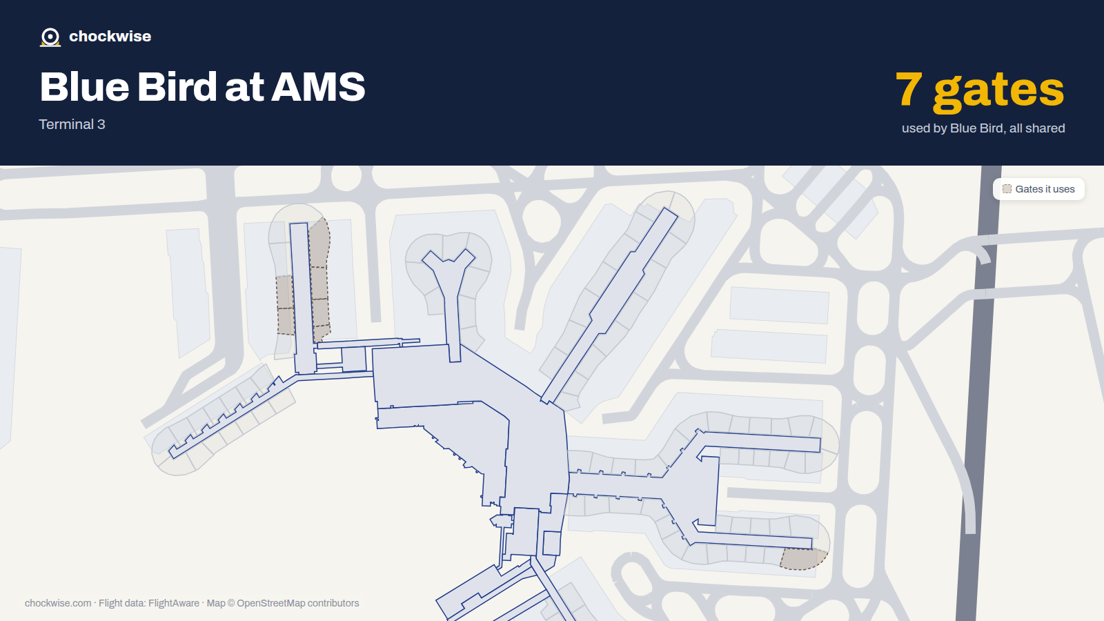 Map of AMS with the gates Blue Bird Airways uses highlighted: G2, G3, G4, G5, G6, G8 and D28.