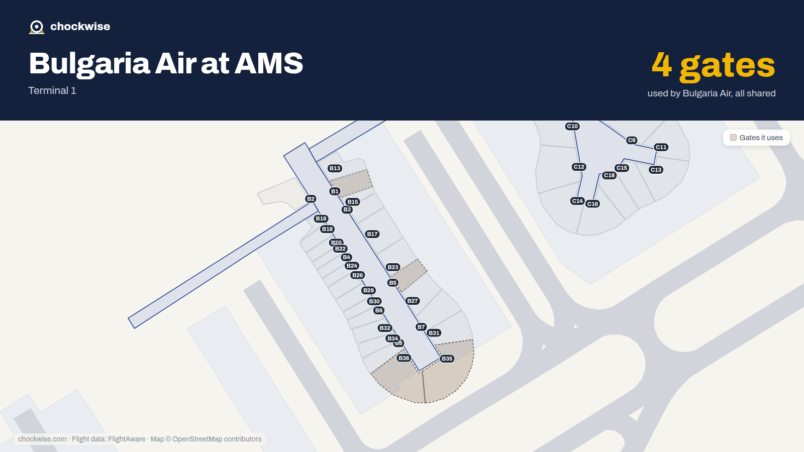 Map of AMS with the gates Bulgaria Air uses highlighted: B1, B5, B35 and B36.