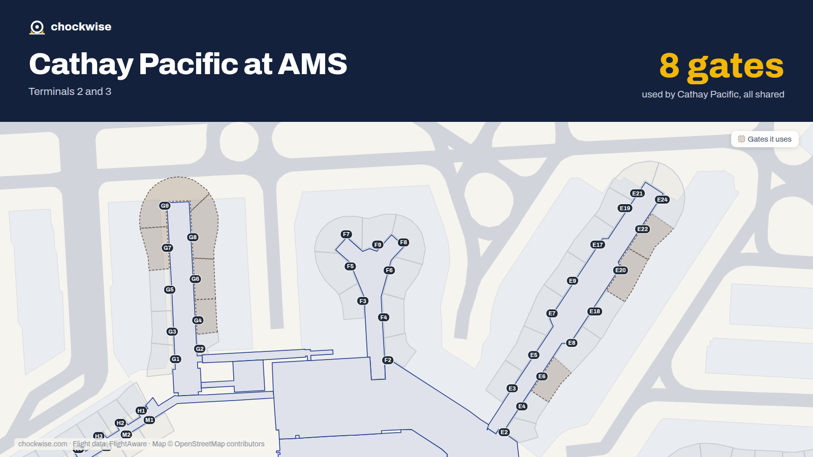 Map of AMS with the gates Cathay Pacific uses highlighted: G4, E6, G6, G7, G8, G9, E20 and E22.