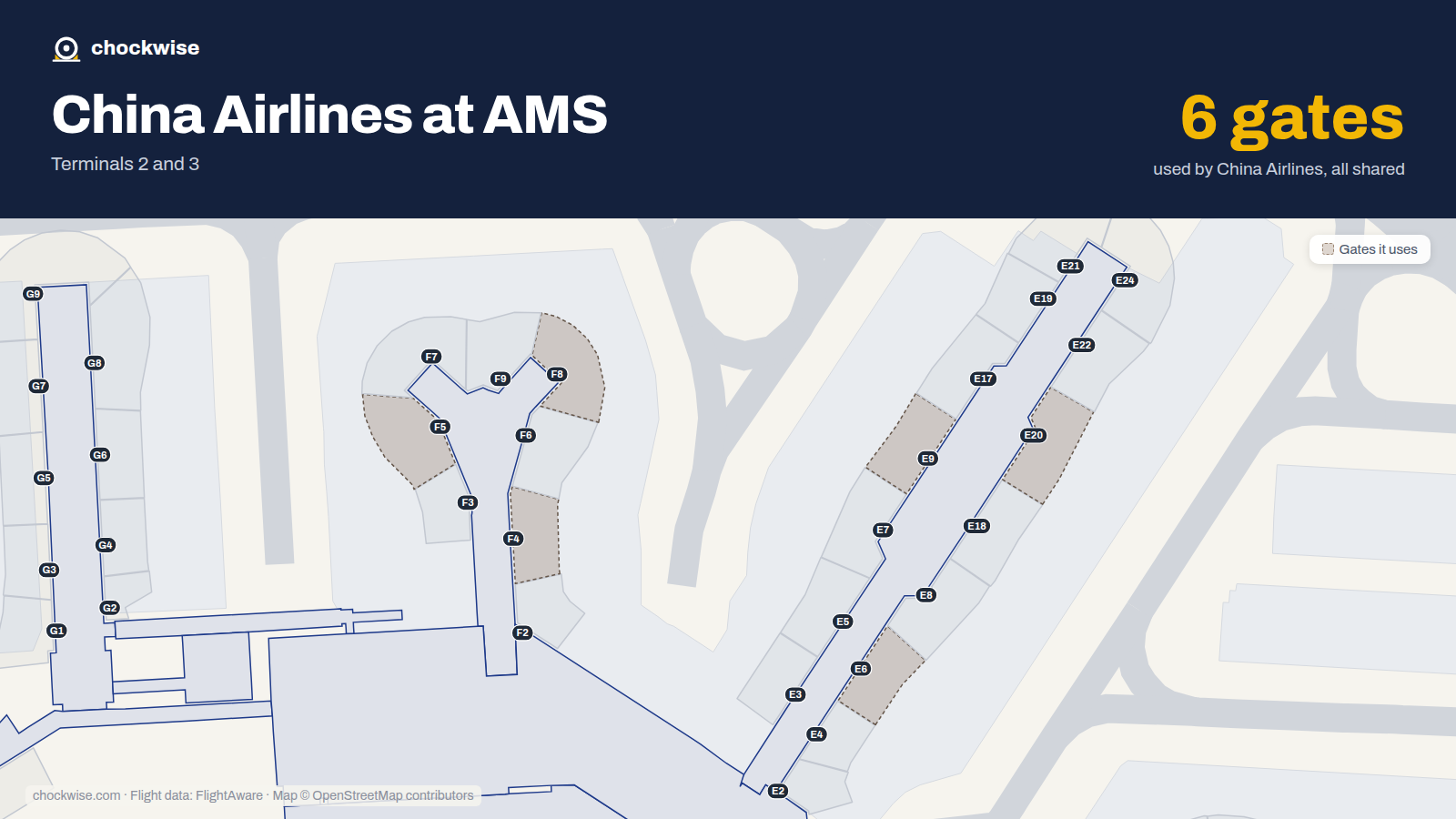 Map of AMS with the gates China Airlines uses highlighted: F4, F5, E6, F8, E9 and E20.