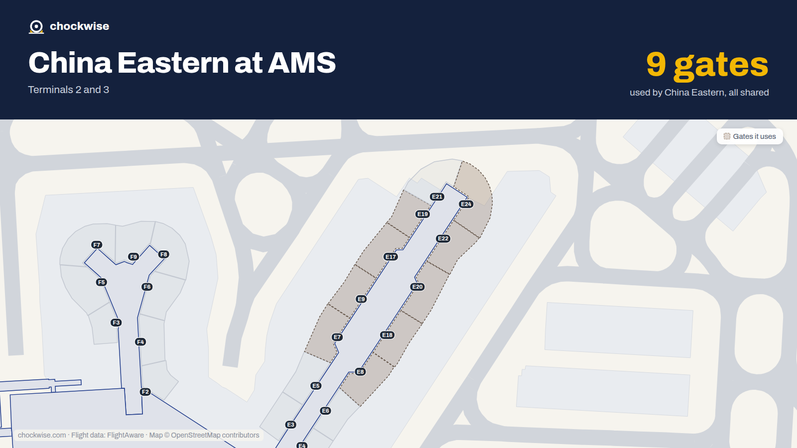 Map of AMS with the gates China Eastern uses highlighted: E7, E8, E9, E17, E18, E19, E20, E22 and 1 more.