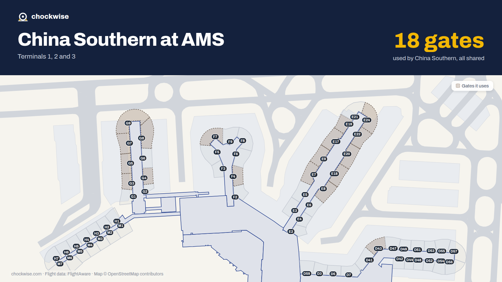 Map of AMS with the gates China Southern uses highlighted: G3, F4, G4, G5, E7, F7, G7, E8 and 10 more.