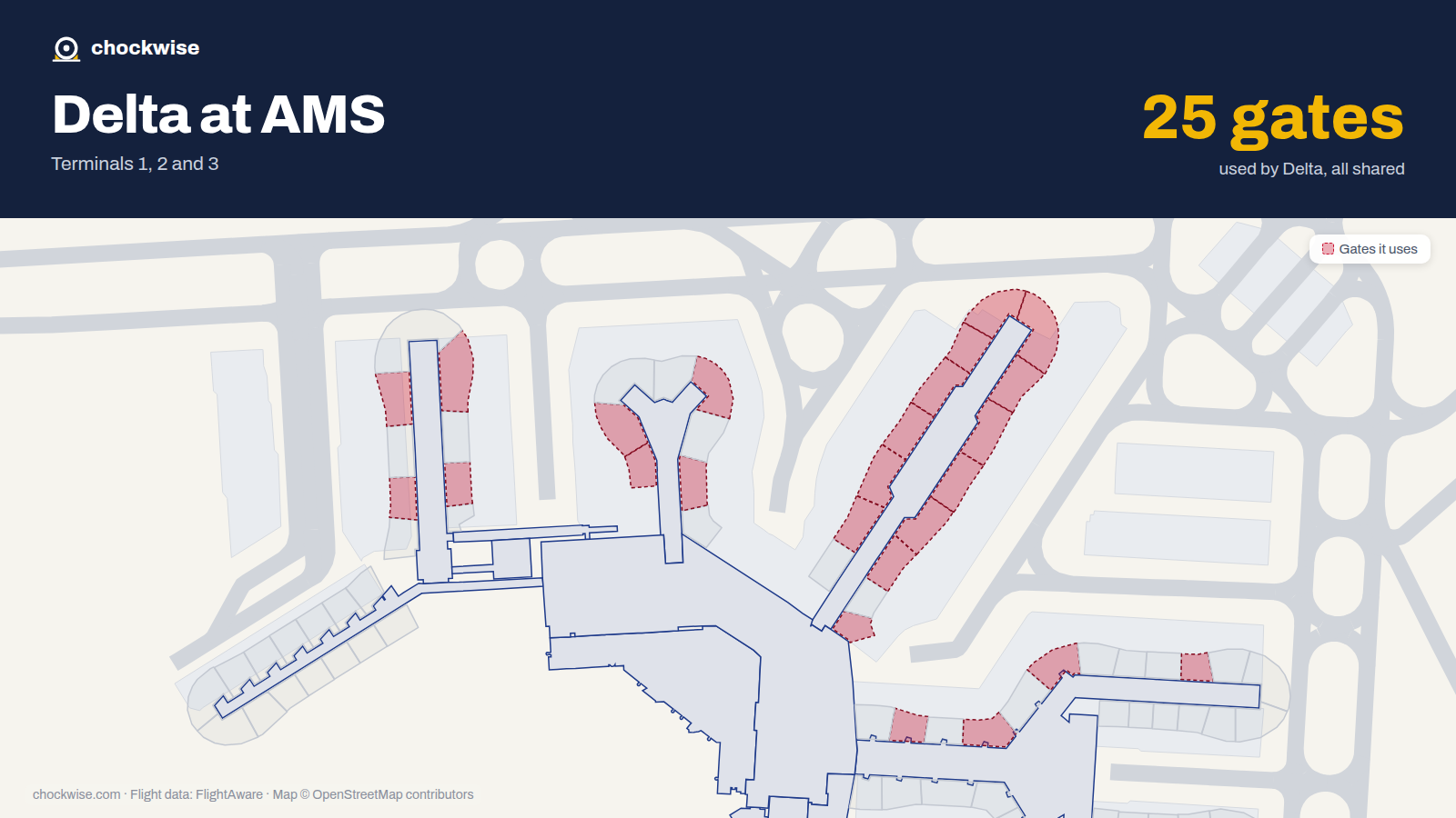 Map of AMS with the gates Delta Air Lines uses highlighted: E2, D3, F3, G3, F4, G4, E5, F5 and 17 more.