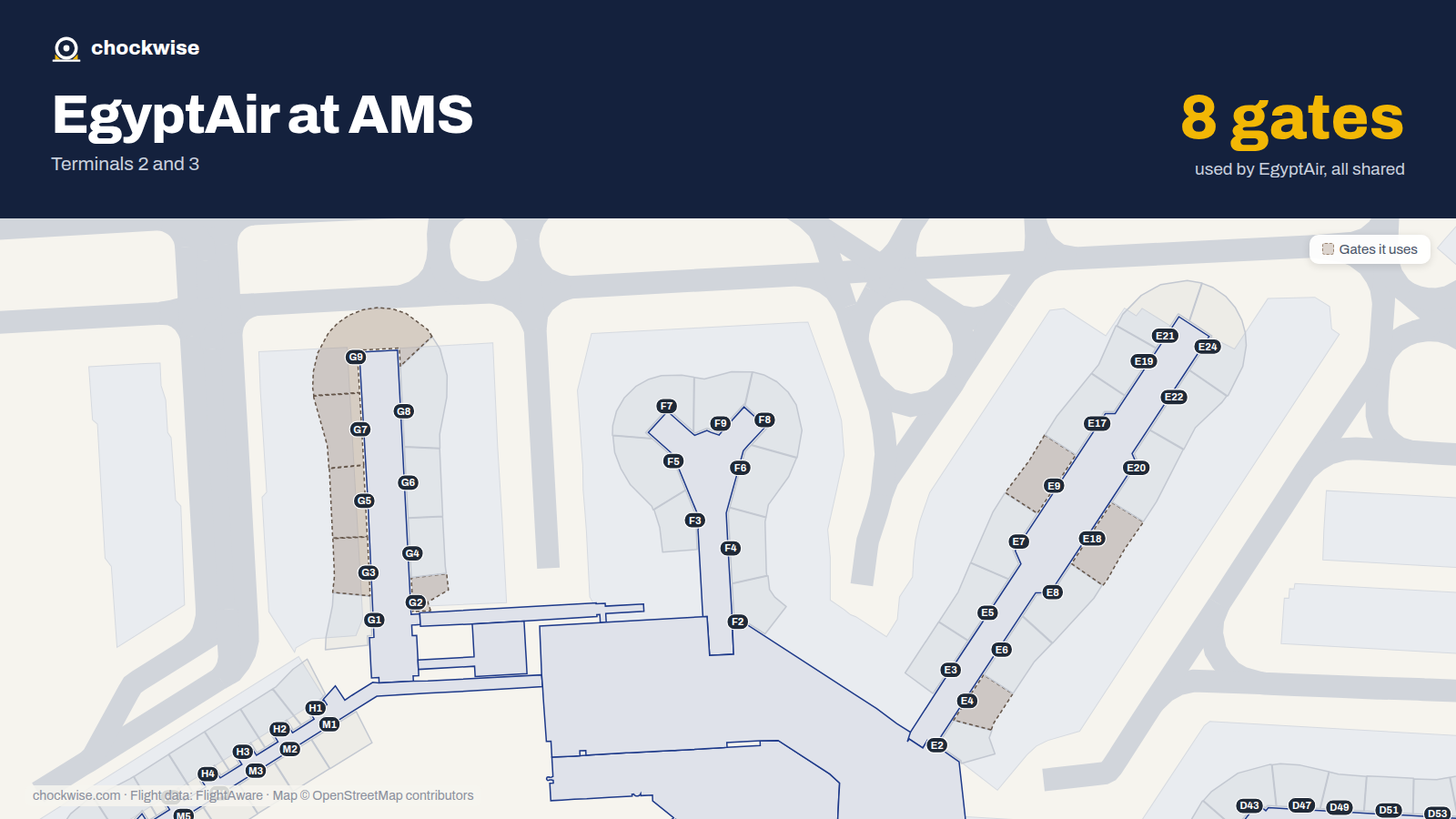 Map of AMS with the gates EgyptAir uses highlighted: G2, G3, E4, G5, G7, E9, G9 and E18.