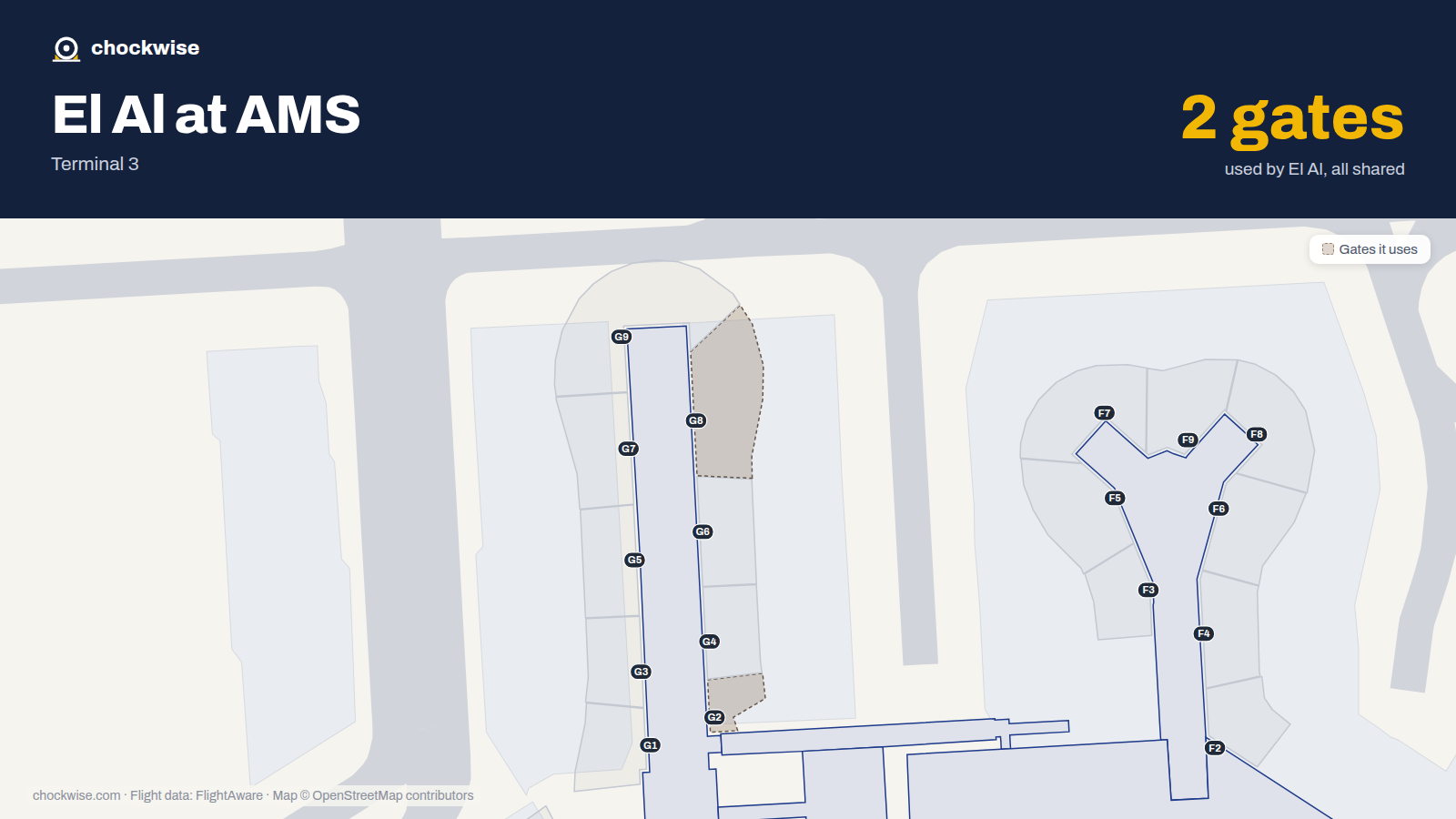 Map of AMS with the gates El Al uses highlighted: G2 and G8.