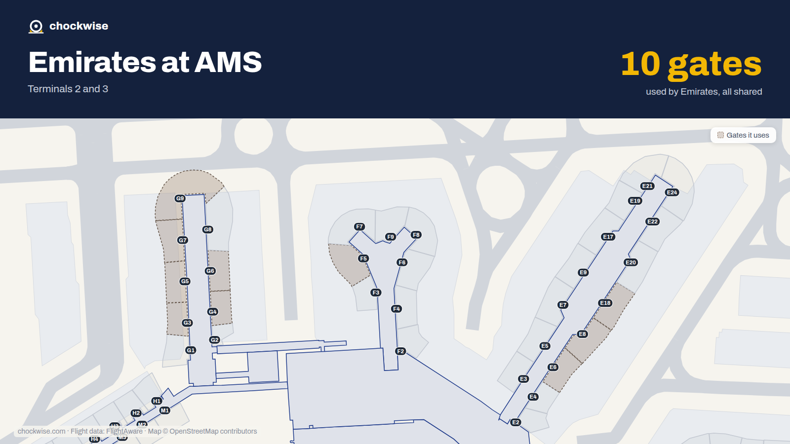 Map of AMS with the gates Emirates uses highlighted: G3, G4, F5, G5, E6, G6, G7, E8 and 2 more.