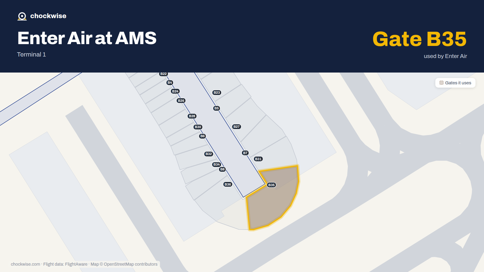 Map of AMS with the gates Enter Air uses highlighted: B35.