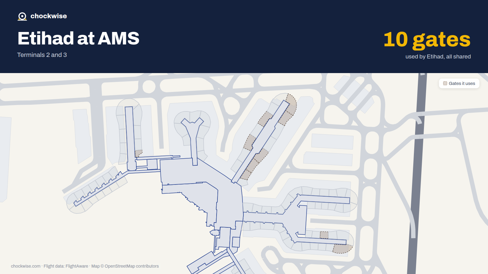 Map of AMS with the gates Etihad Airways uses highlighted: G2, E4, E6, E7, E8, E17, E22, E24 and 2 more.