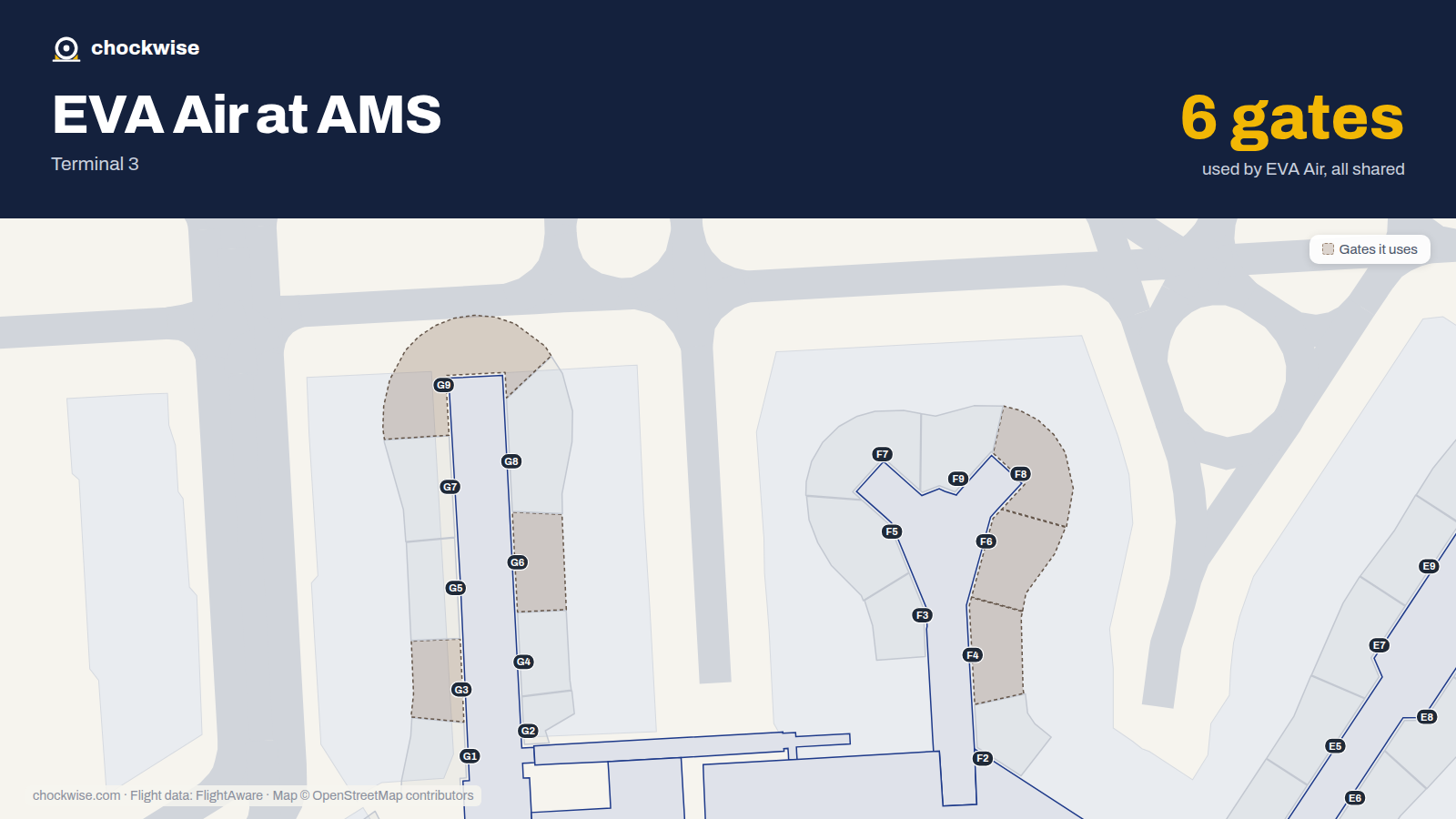 Map of AMS with the gates EVA Air uses highlighted: G3, F4, F6, G6, F8 and G9.