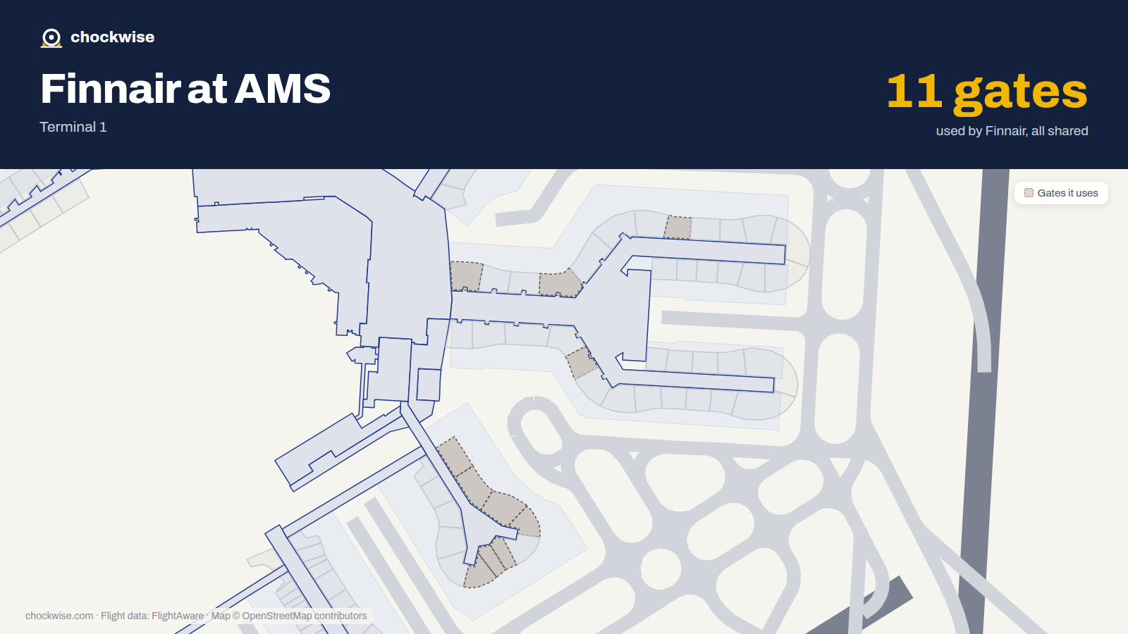 Map of AMS with the gates Finnair uses highlighted: C5, C7, D7, C9, C11, D12, C15, C16 and 3 more.
