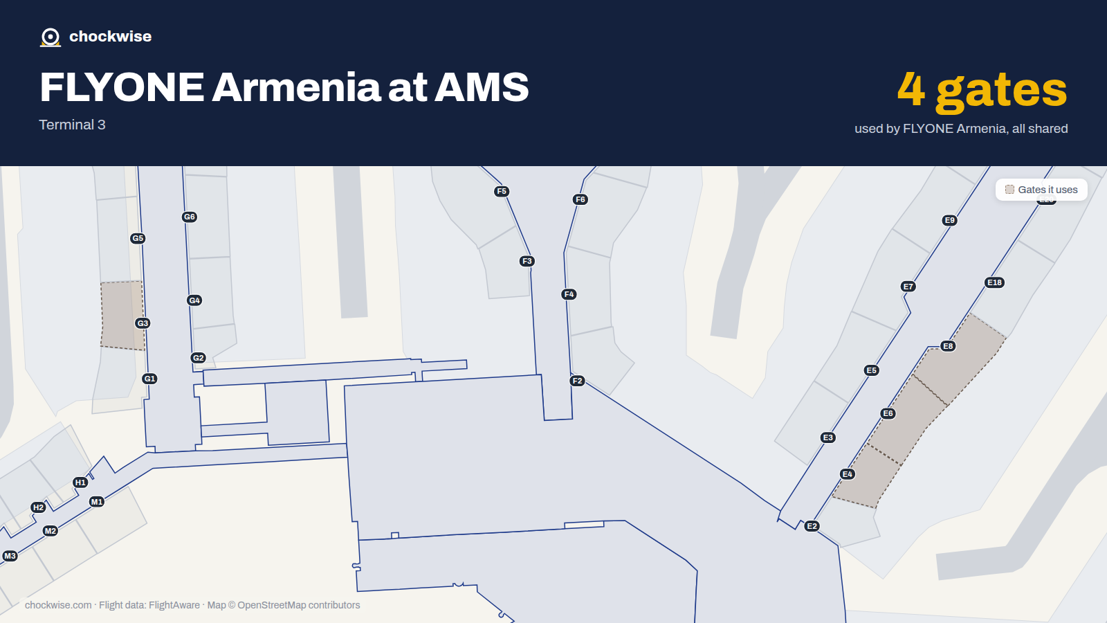 Map of AMS with the gates FLYONE Armenia uses highlighted: G3, E4, E6 and E8.