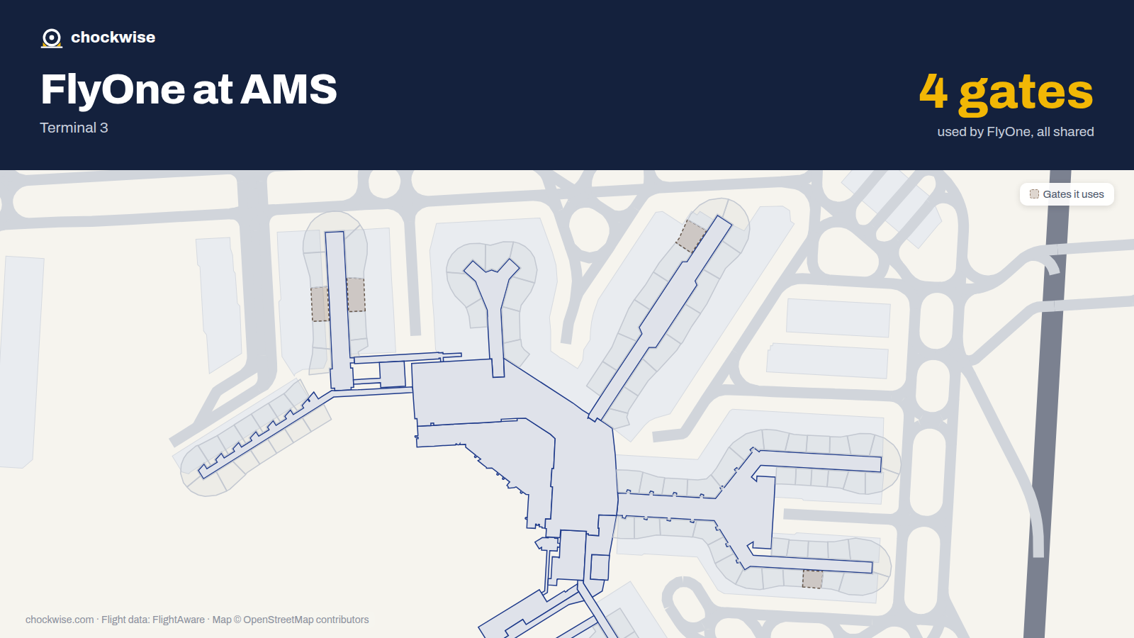 Map of AMS with the gates FlyOne uses highlighted: G5, G6, E19 and D24.