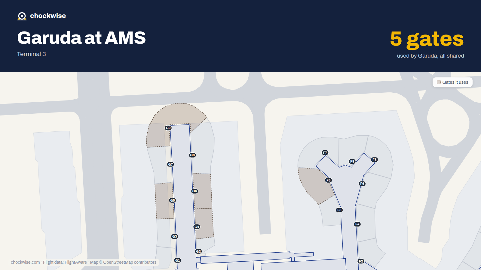 Map of AMS with the gates Garuda Indonesia uses highlighted: G4, F5, G5, G6 and G9.