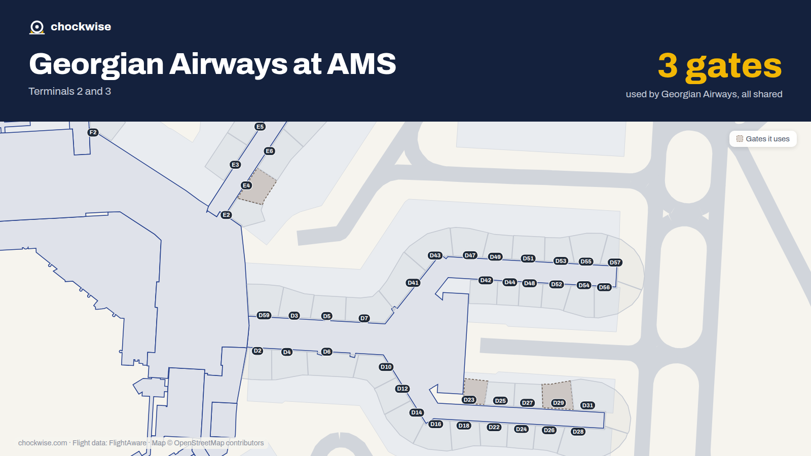 Map of AMS with the gates Georgian Airways uses highlighted: E4, D23 and D29.