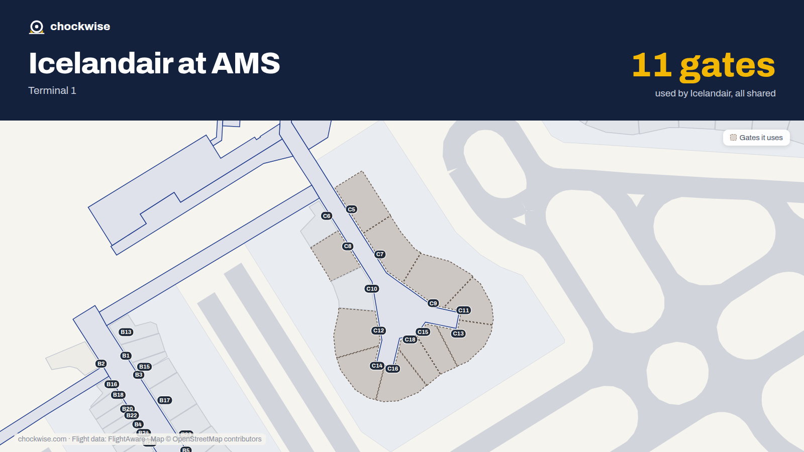 Map of AMS with the gates Icelandair uses highlighted: C5, C7, C8, C9, C11, C12, C13, C14 and 3 more.