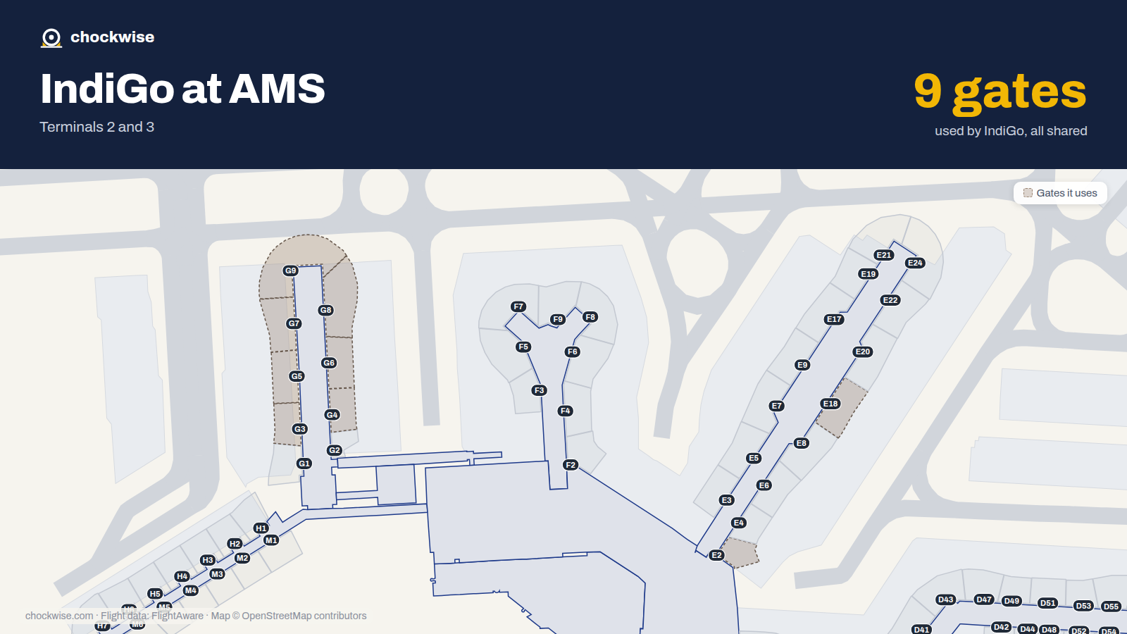 Map of AMS with the gates IndiGo uses highlighted: E2, G3, G4, G5, G6, G7, G8, G9 and 1 more.