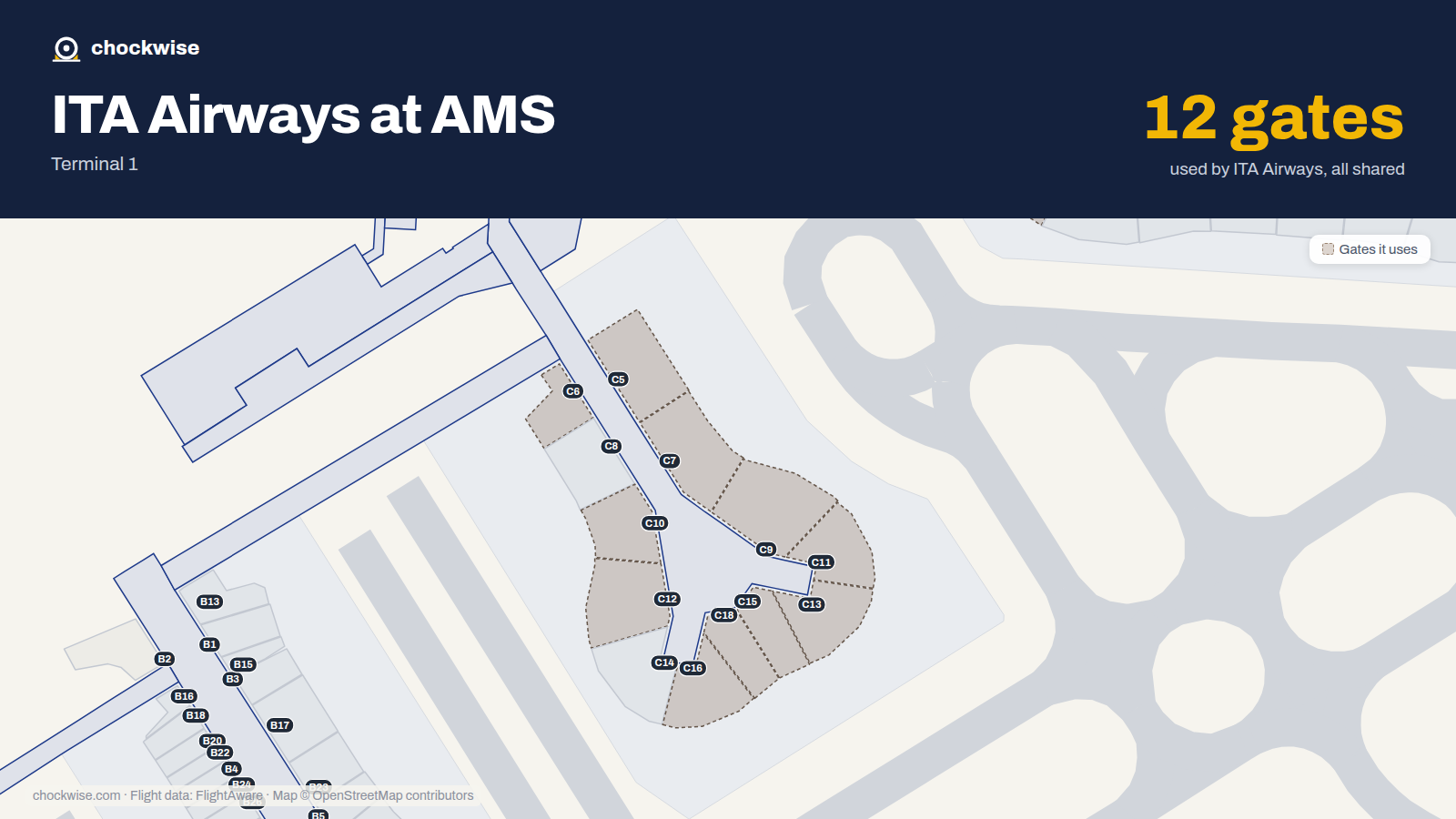 Map of AMS with the gates ITA Airways uses highlighted: C5, C6, C7, C9, C10, C11, C12, C13 and 4 more.