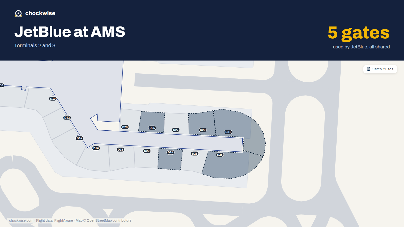 Map of AMS with the gates JetBlue uses highlighted: D24, D25, D28, D29 and D31.
