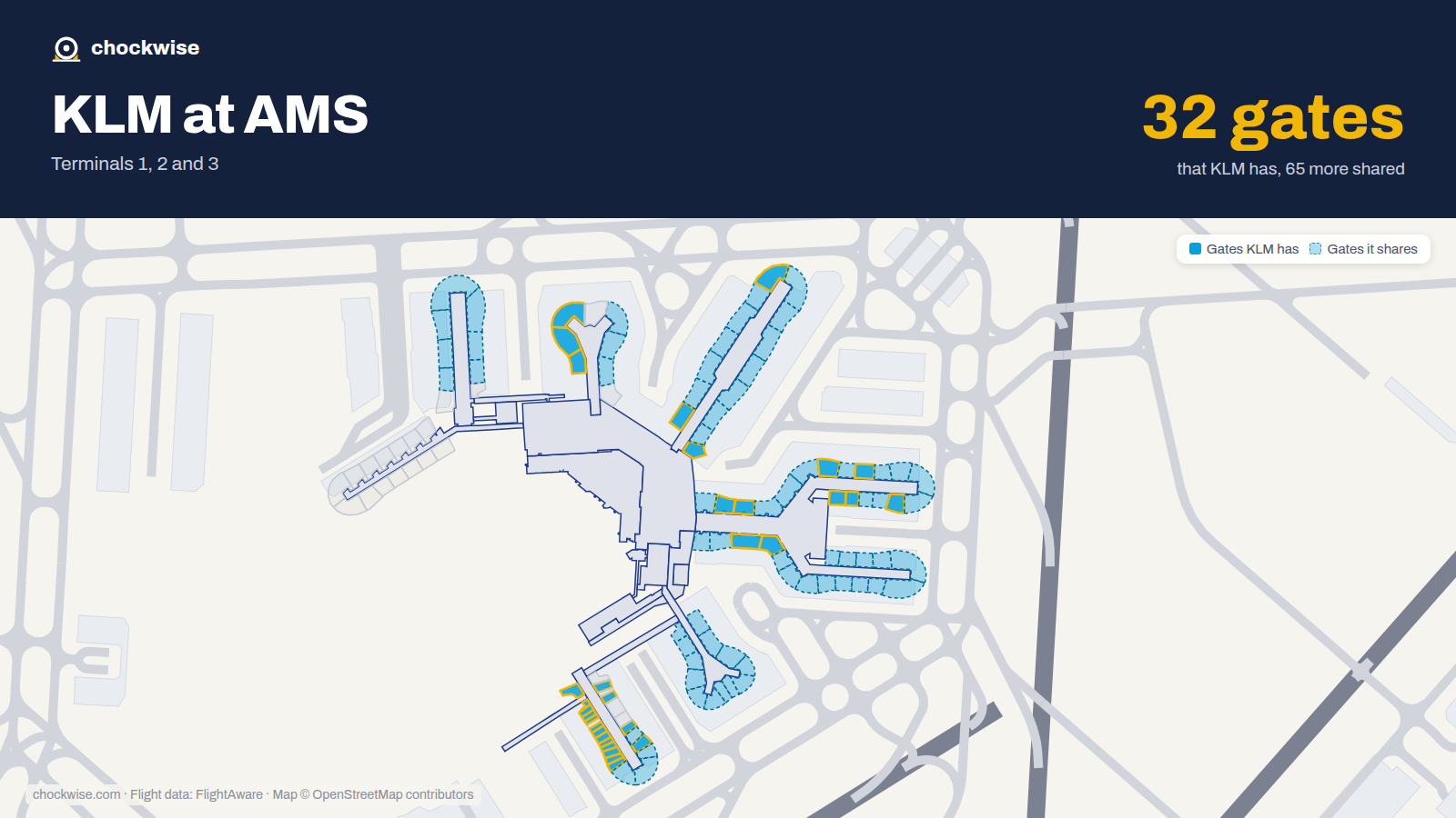 Map of AMS with the gates KLM uses highlighted: B1, B2, E2, B3, D3, E3, F3, B5 and 24 more.