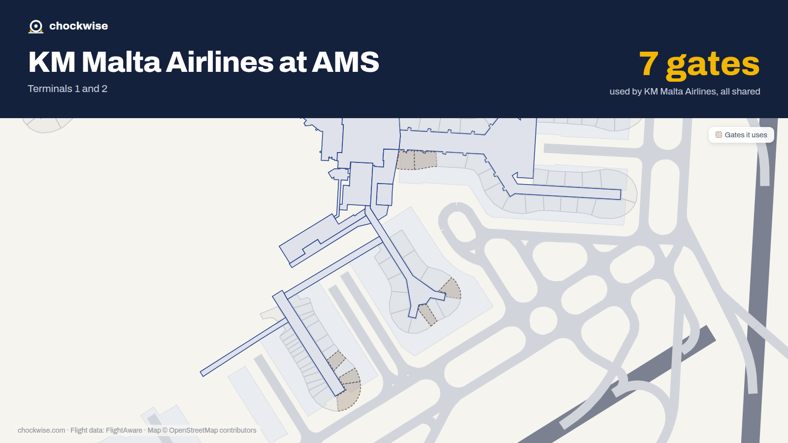 Map of AMS with the gates KM Malta Airlines uses highlighted: D2, D4, C11, C18, B27, B31 and B35.