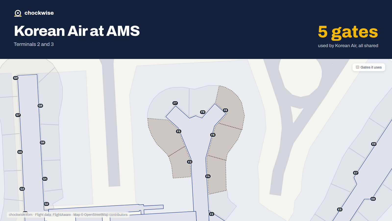 Map of AMS with the gates Korean Air uses highlighted: F3, F4, F5, F6 and F8.