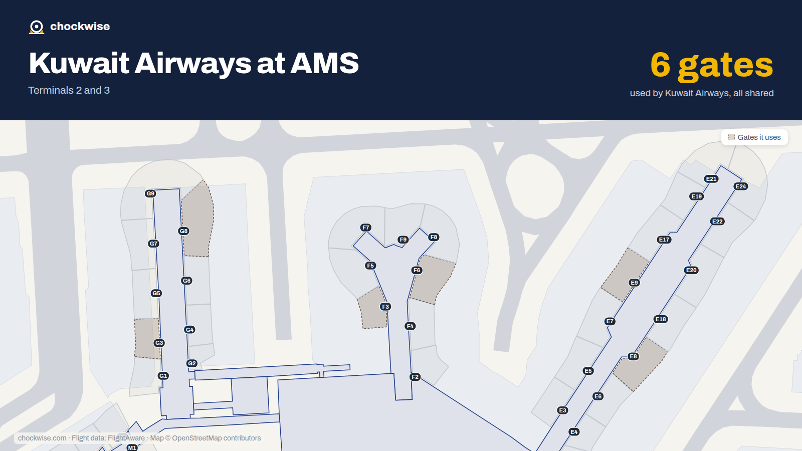 Map of AMS with the gates Kuwait Airways uses highlighted: F3, G3, F6, E8, G8 and E9.