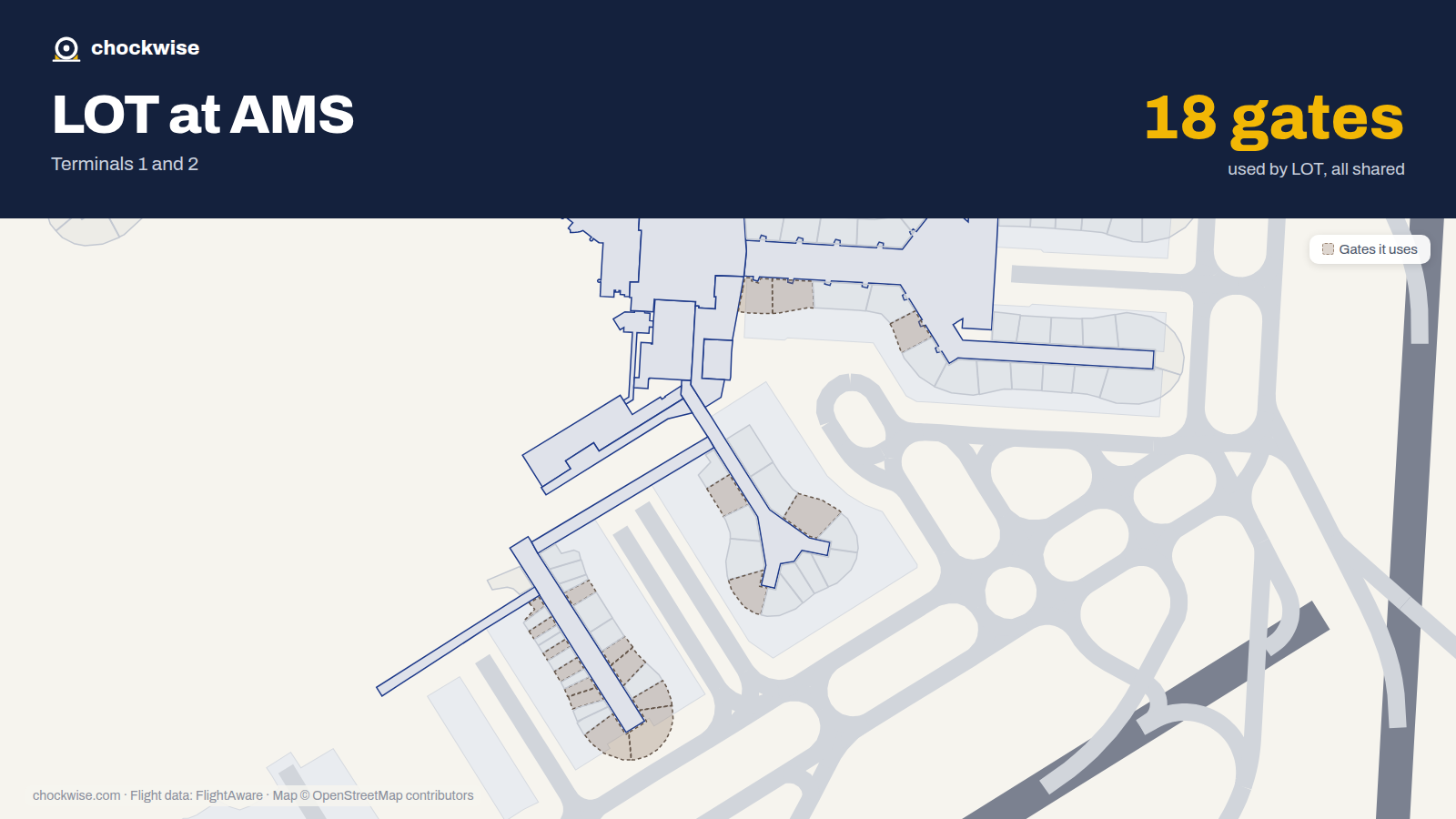 Map of AMS with the gates LOT Polish Airlines uses highlighted: D2, B3, D4, B5, B6, C8, C9, D12 and 10 more.