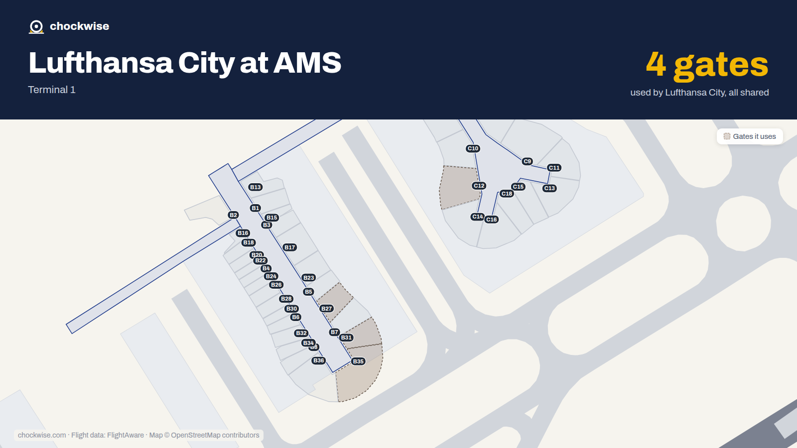 Map of AMS with the gates Lufthansa City Airlines uses highlighted: C12, B27, B31 and B35.