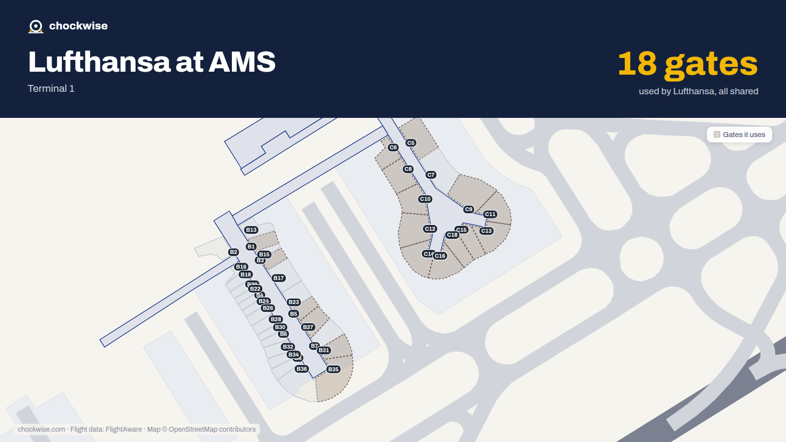 Map of AMS with the gates Lufthansa uses highlighted: B1, B3, B5, C5, C6, C8, C9, C10 and 10 more.