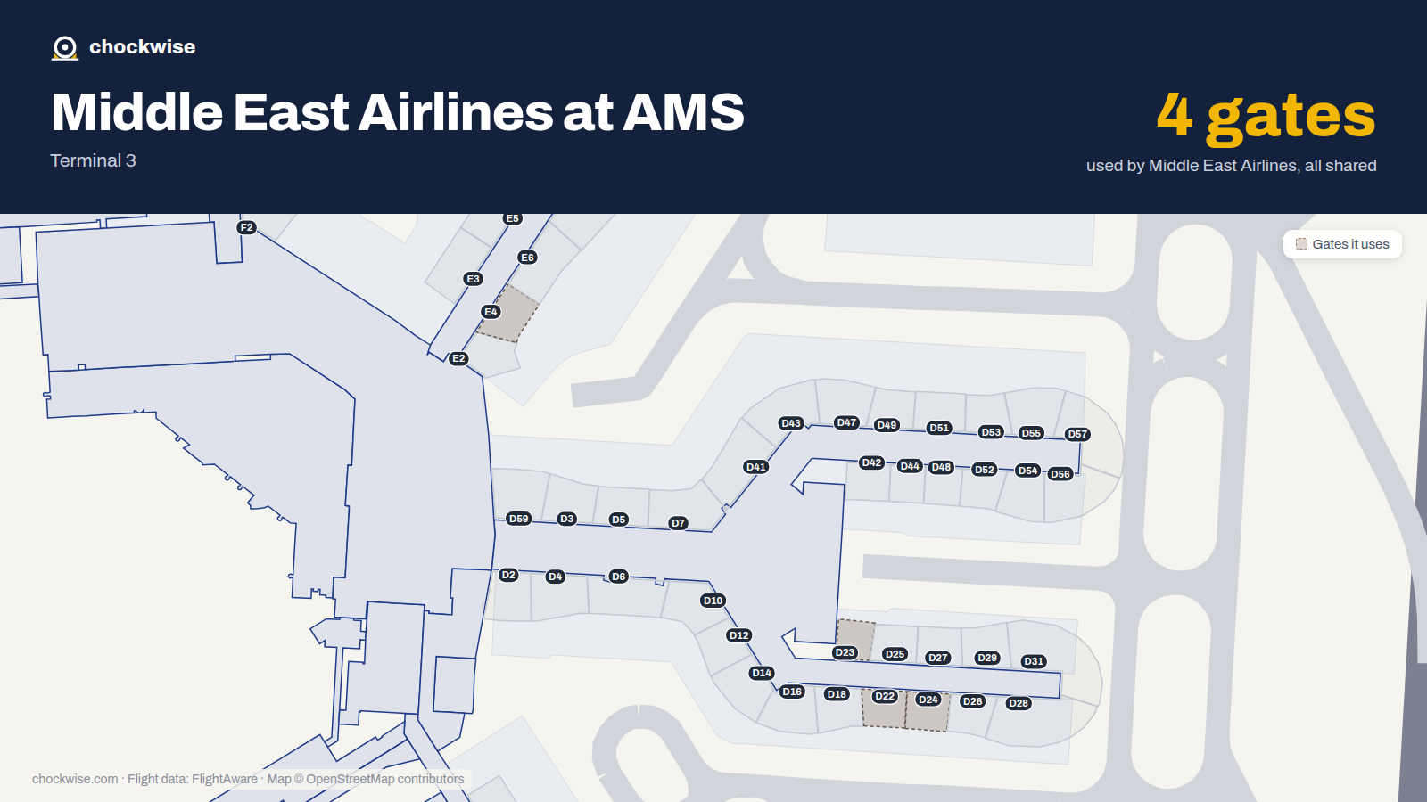 Map of AMS with the gates Middle East Airlines uses highlighted: E4, D22, D23 and D24.
