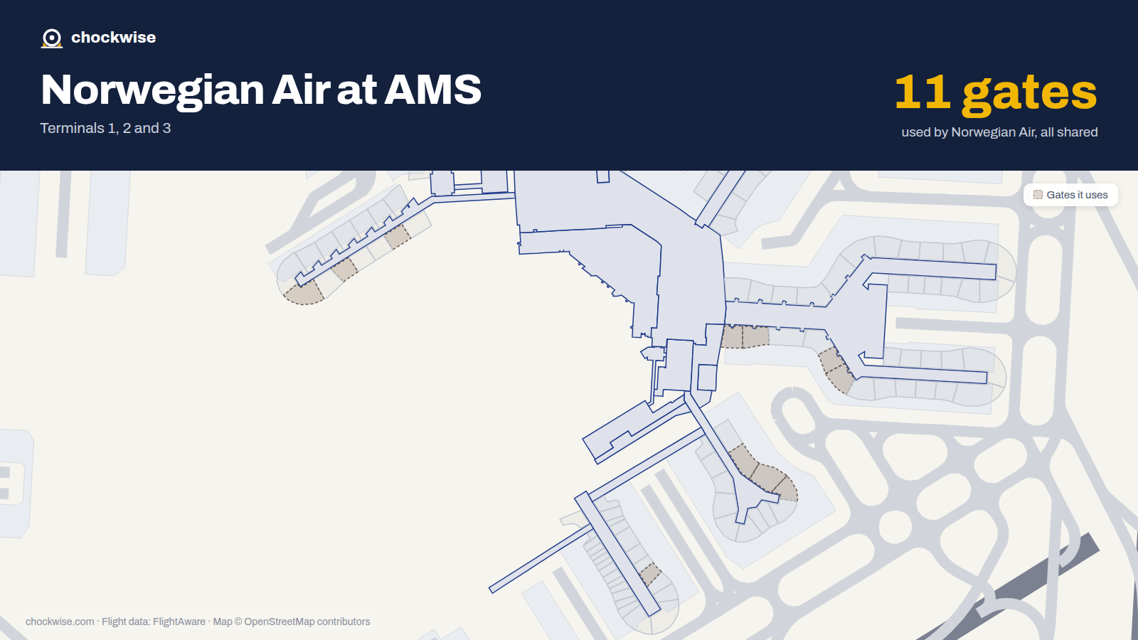 Map of AMS with the gates Norwegian Air Shuttle uses highlighted: D2, M2, D4, M5, C7, M7, C9, C11 and 3 more.