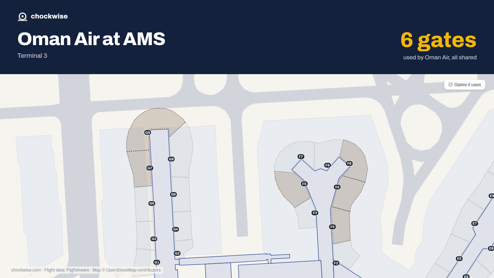 Map of AMS with the gates Oman Air uses highlighted: F4, F5, F6, G7, F8 and G9.