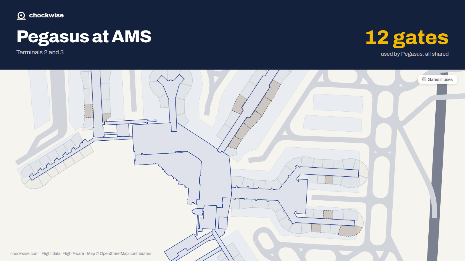 Map of AMS with the gates Pegasus Airlines uses highlighted: G2, G3, E4, E6, E7, E8, E18, E20 and 4 more.