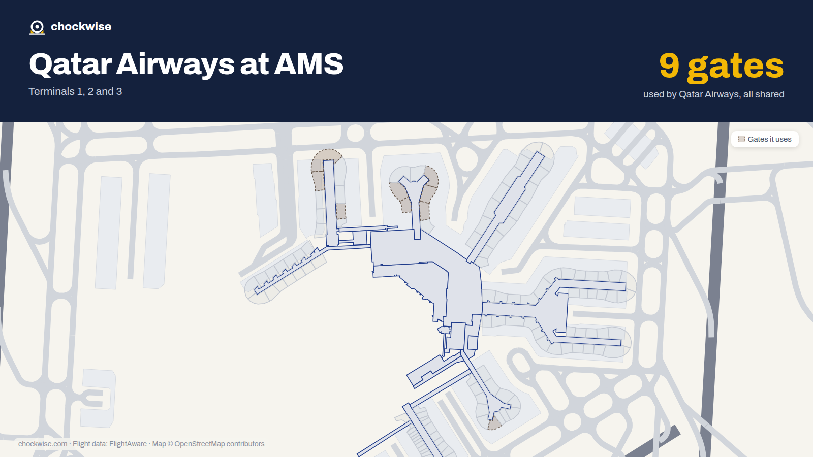 Map of AMS with the gates Qatar Airways uses highlighted: F3, F4, G4, F5, F6, G7, F8, G9 and 1 more.