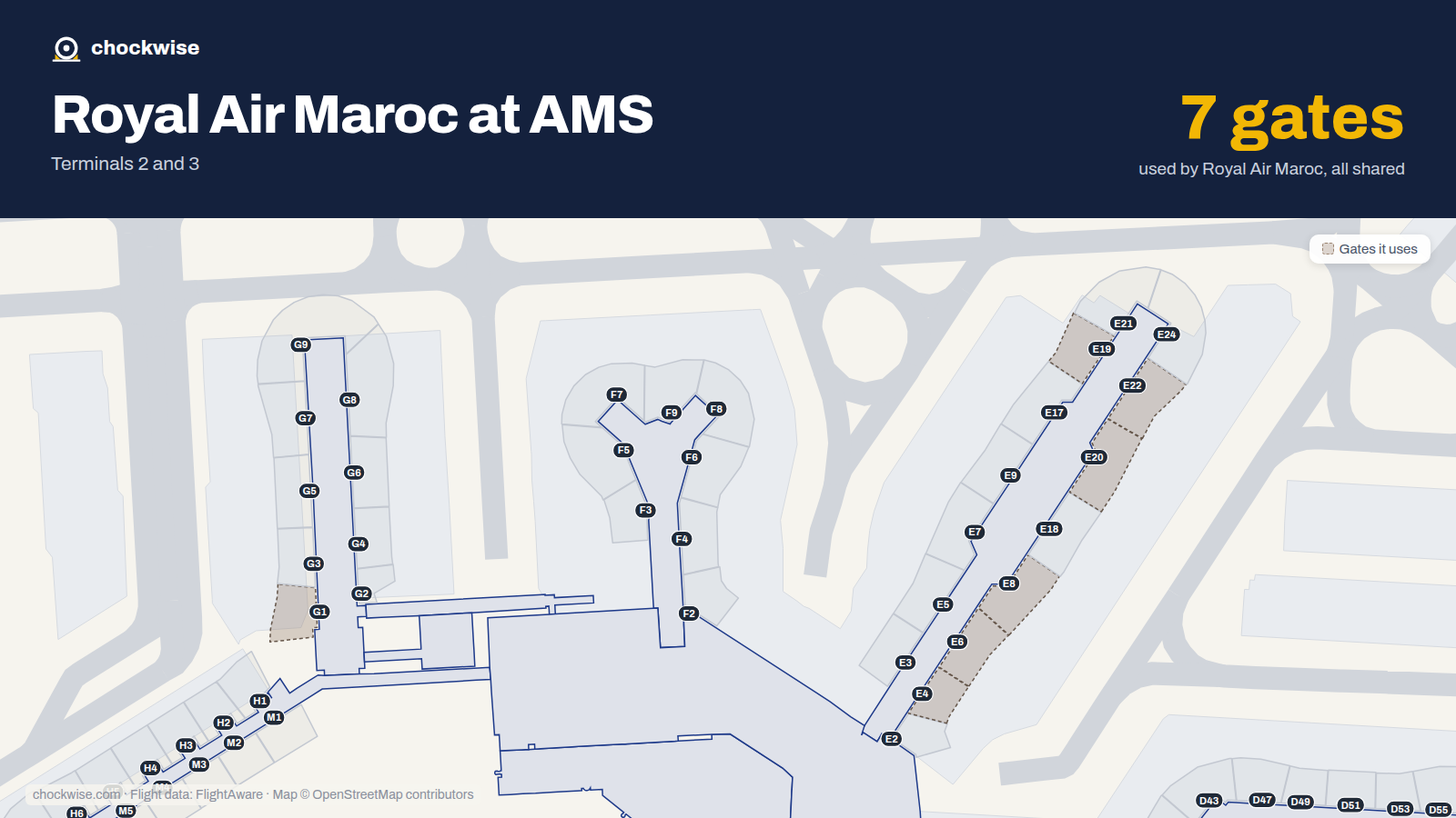 Map of AMS with the gates Royal Air Maroc uses highlighted: G1, E4, E6, E8, E19, E20 and E22.