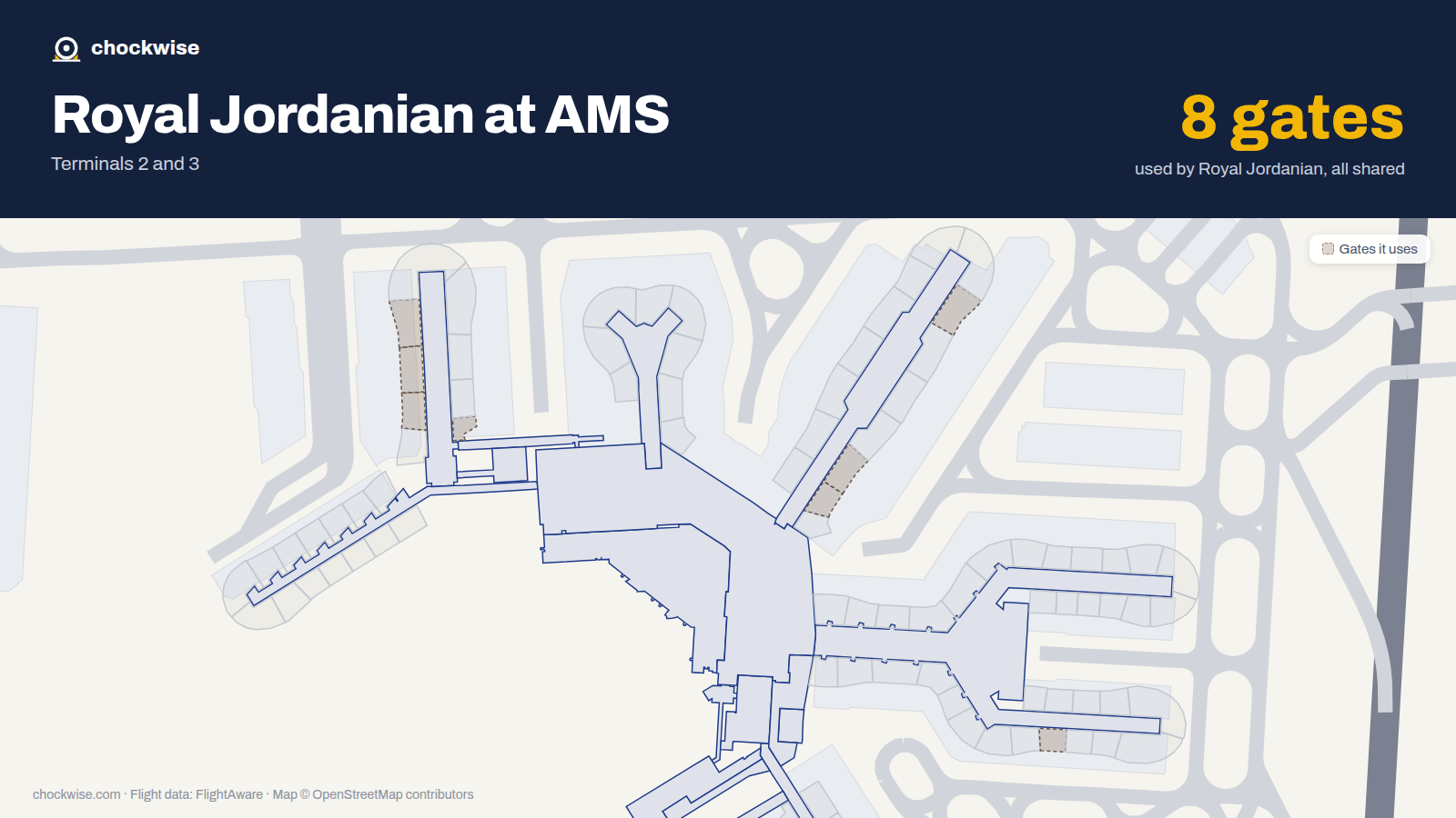 Map of AMS with the gates Royal Jordanian uses highlighted: G2, G3, E4, G5, E6, G7, D22 and E22.