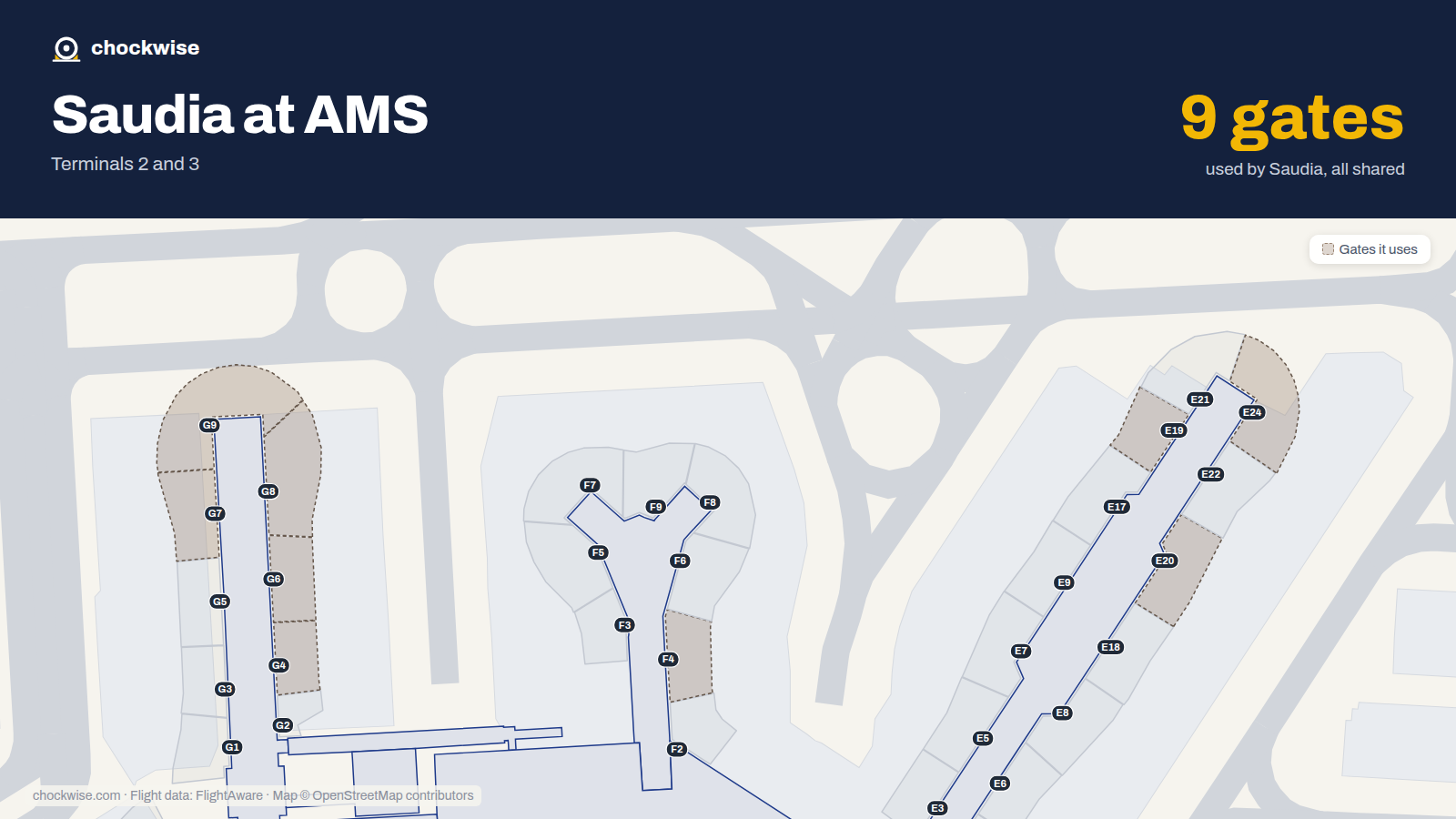 Map of AMS with the gates Saudia uses highlighted: F4, G4, G6, G7, G8, G9, E19, E20 and 1 more.