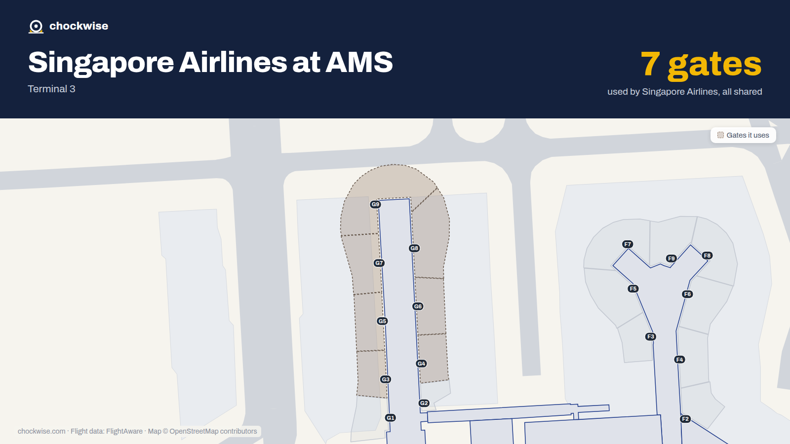 Map of AMS with the gates Singapore Airlines uses highlighted: G3, G4, G5, G6, G7, G8 and G9.