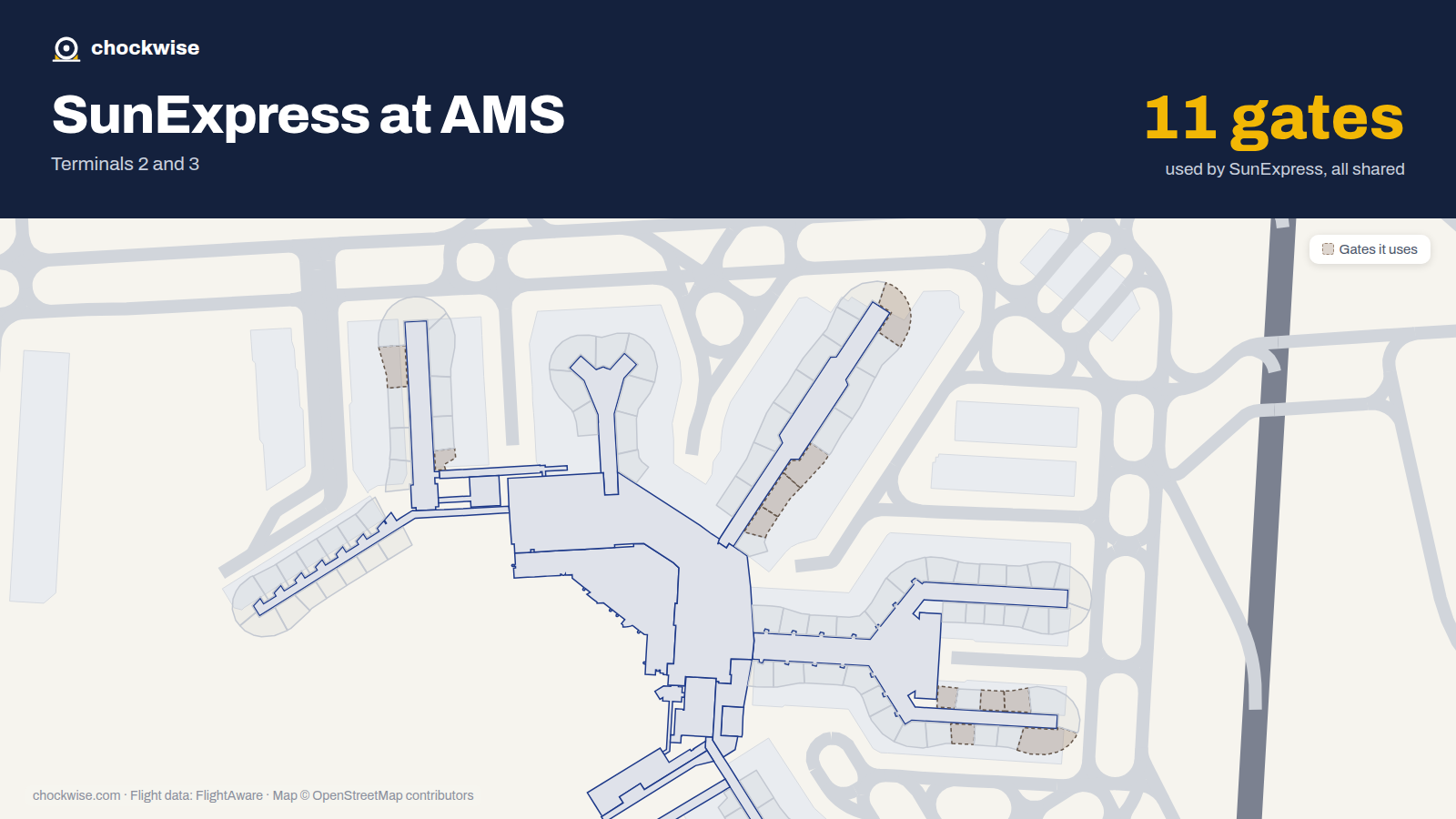 Map of AMS with the gates SunExpress uses highlighted: G2, E4, E6, G7, E8, D22, D23, E24 and 3 more.