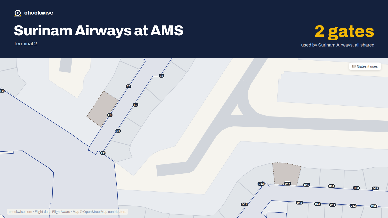 Map of AMS with the gates Surinam Airways uses highlighted: E3 and D47.