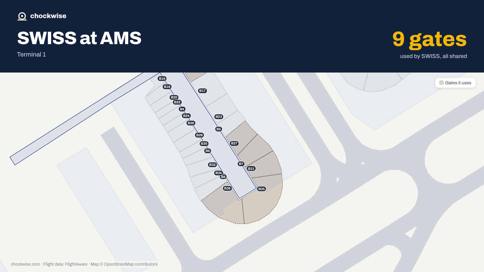 Map of AMS with the gates SWISS uses highlighted: B1, B3, C6, B7, C8, B27, B31, B35 and 1 more.