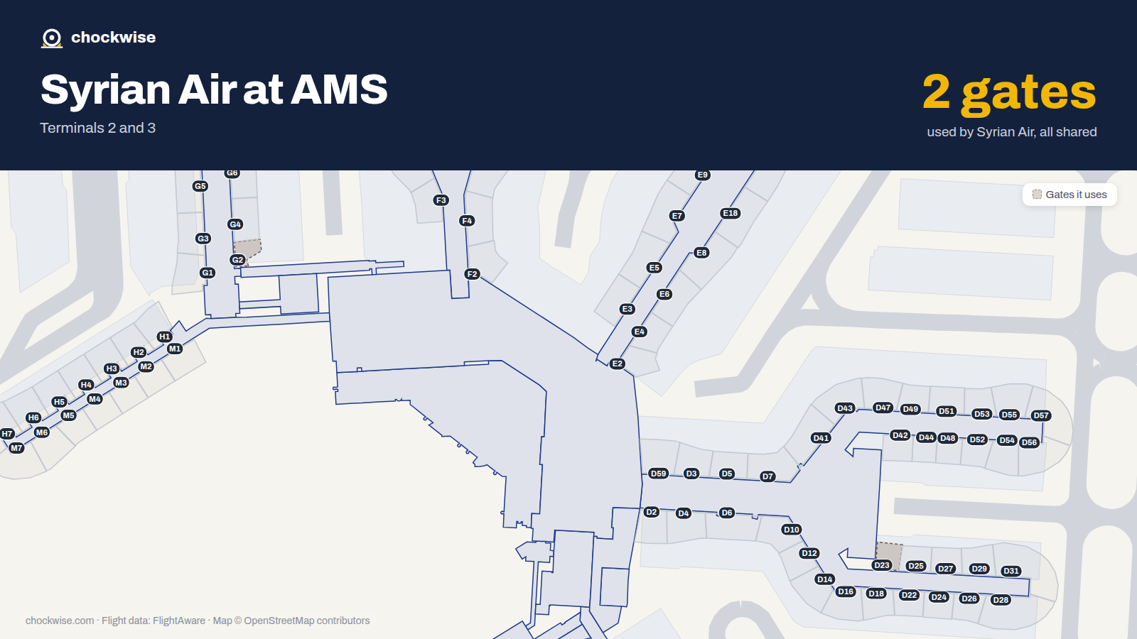 Map of AMS with the gates Syrian Arab Airlines (Syrian Air) uses highlighted: G2 and D23.