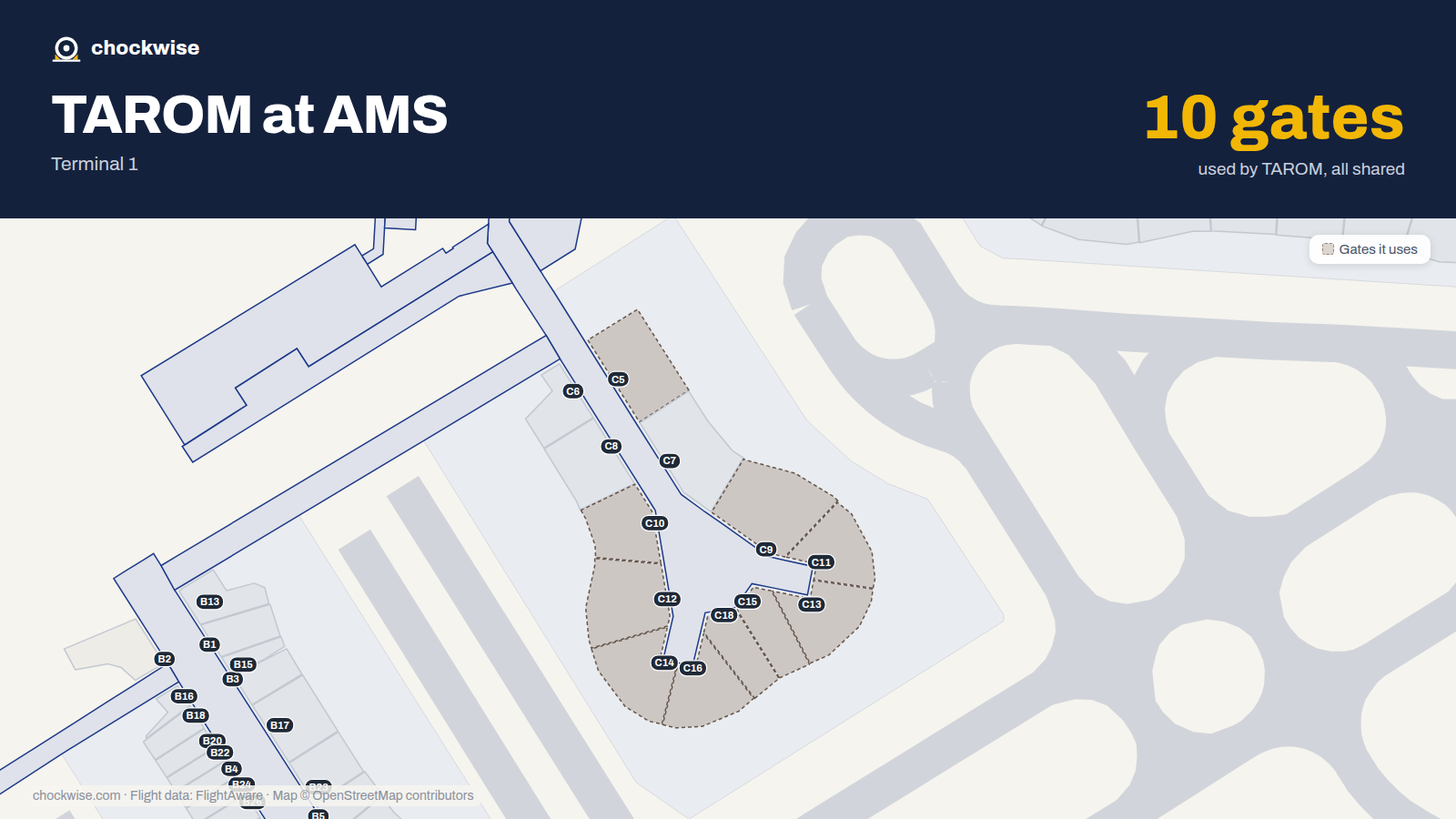 Map of AMS with the gates TAROM uses highlighted: C5, C9, C10, C11, C12, C13, C14, C15 and 2 more.