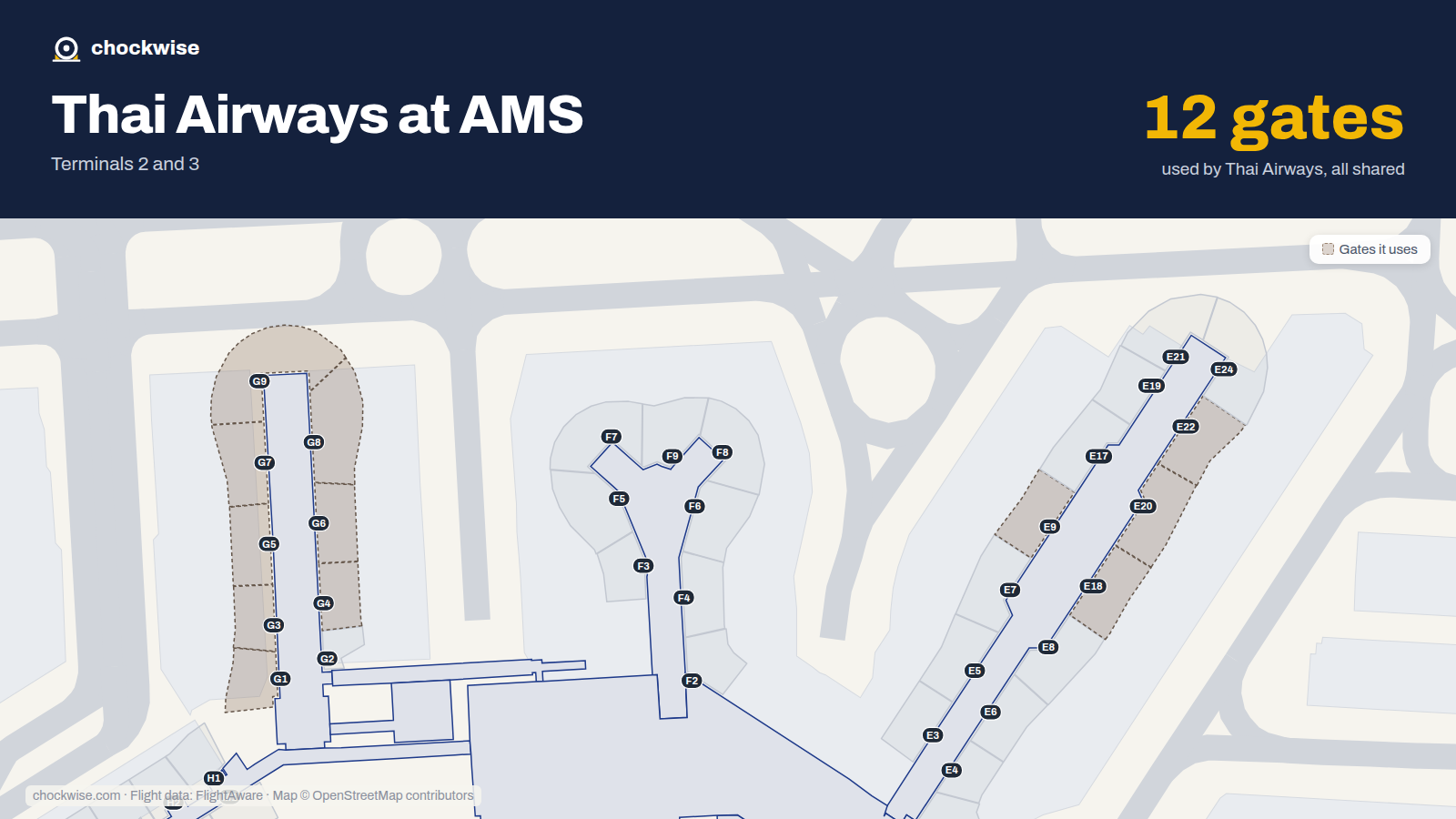 Map of AMS with the gates Thai Airways uses highlighted: G1, G3, G4, G5, G6, G7, G8, E9 and 4 more.