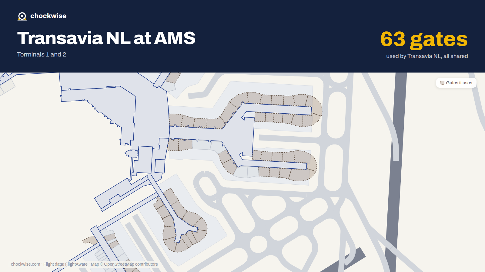 Map of AMS with the gates Transavia uses highlighted: B1, B2, D2, G2, B3, D3, D4, E4 and 55 more.