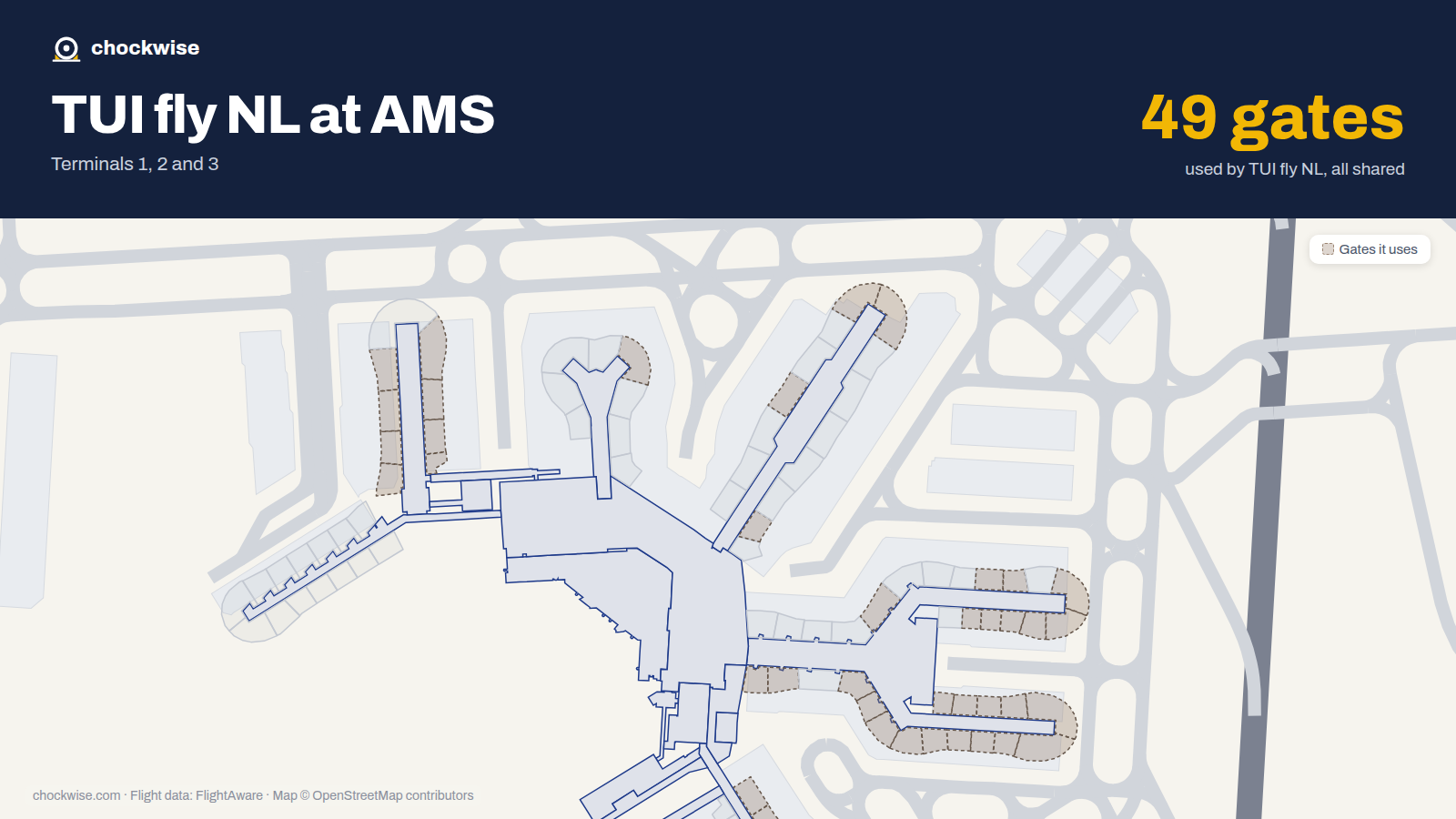 Map of AMS with the gates TUI fly Netherlands uses highlighted: G1, B2, D2, G2, B3, G3, D4, E4 and 41 more.