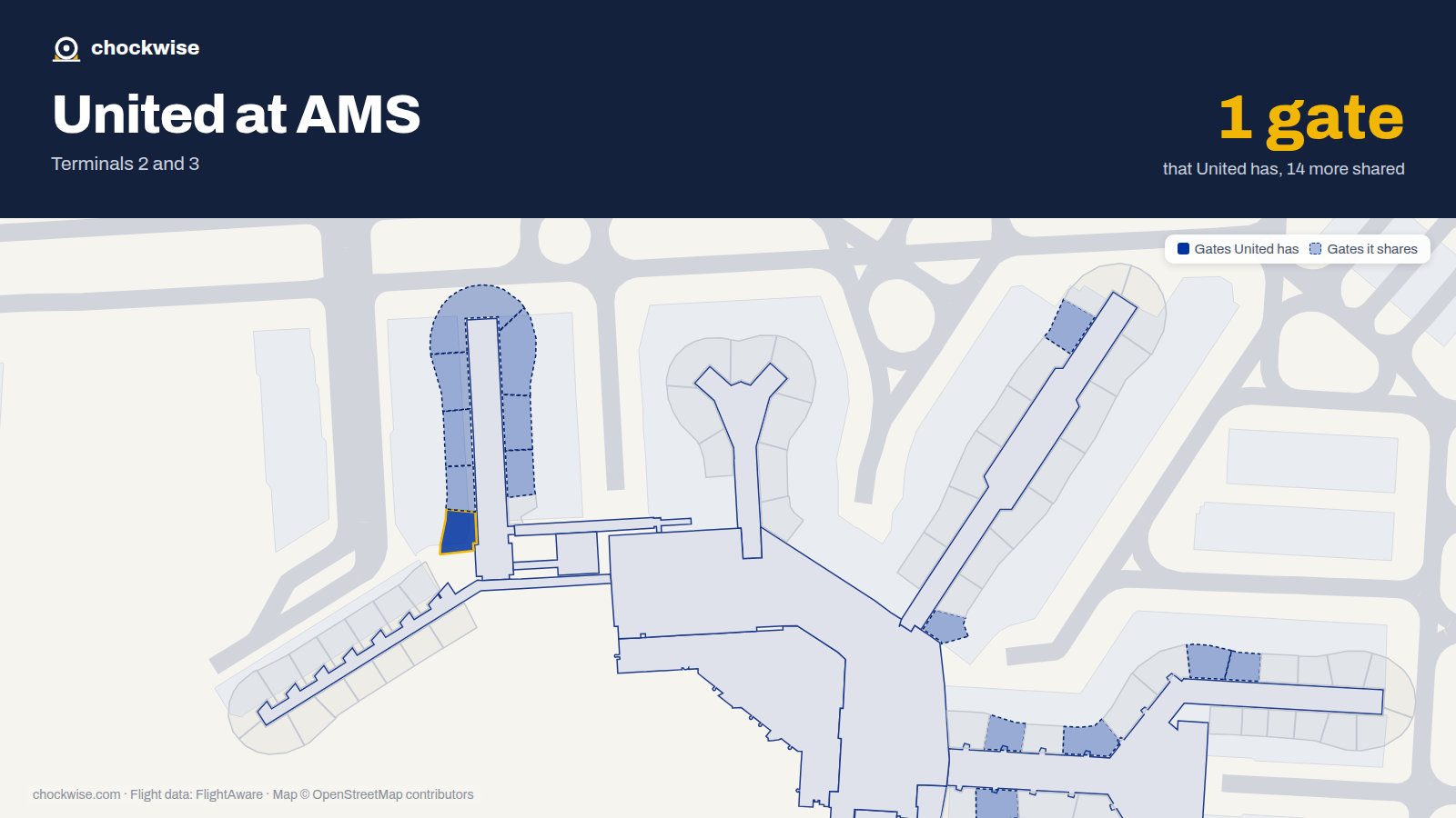 Map of AMS with the gates United Airlines uses highlighted: G1.