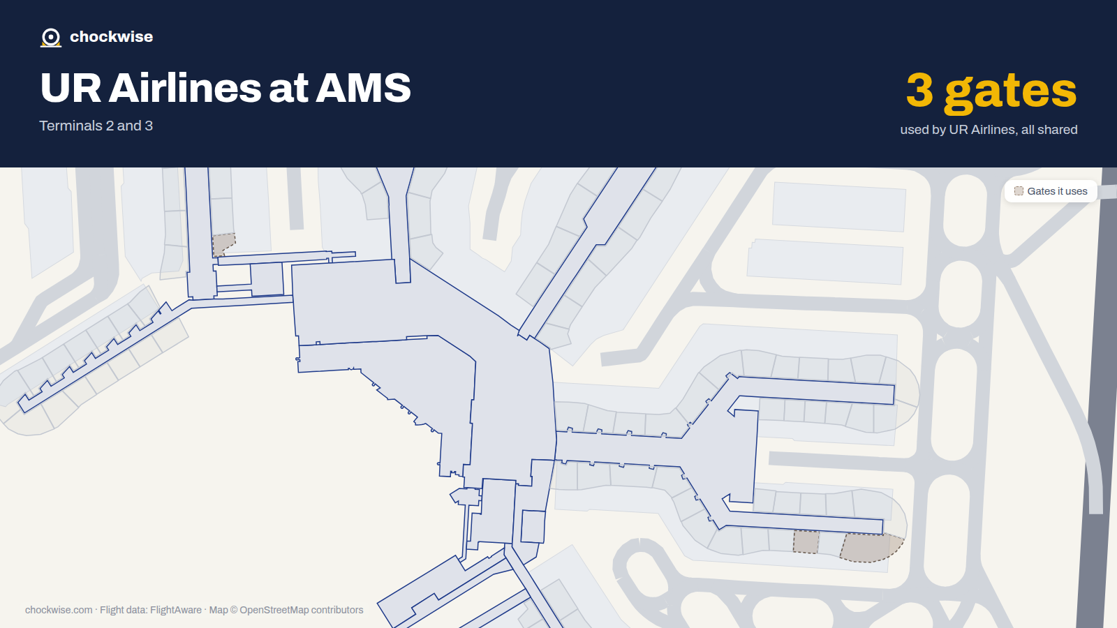 Map of AMS with the gates UR Airlines uses highlighted: G2, D24 and D28.